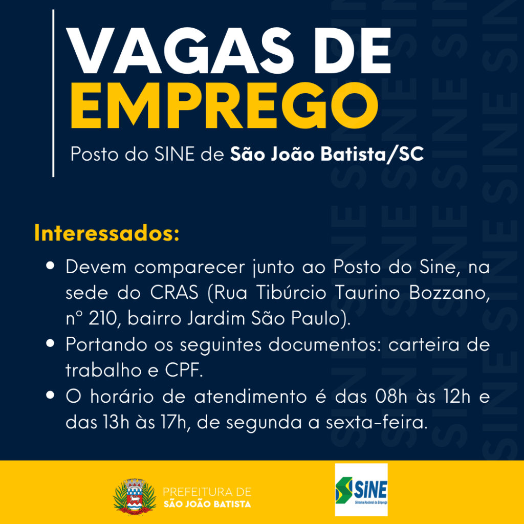 Sine de São João Batista atualiza vagas de emprego em aberto
