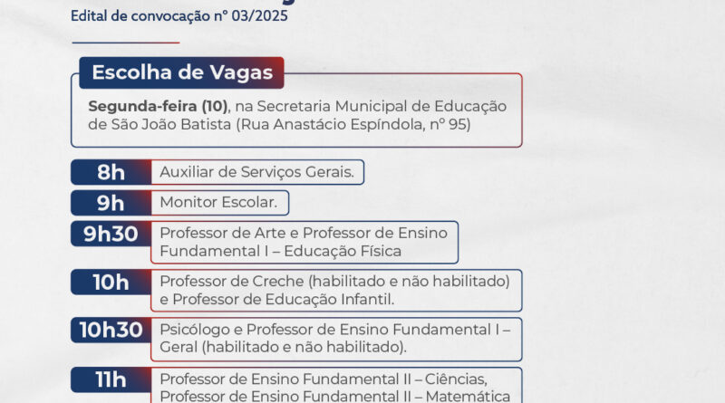 Edital de convocação n° 03/2025 de aprovados em processo seletivo da Educação é publicado
