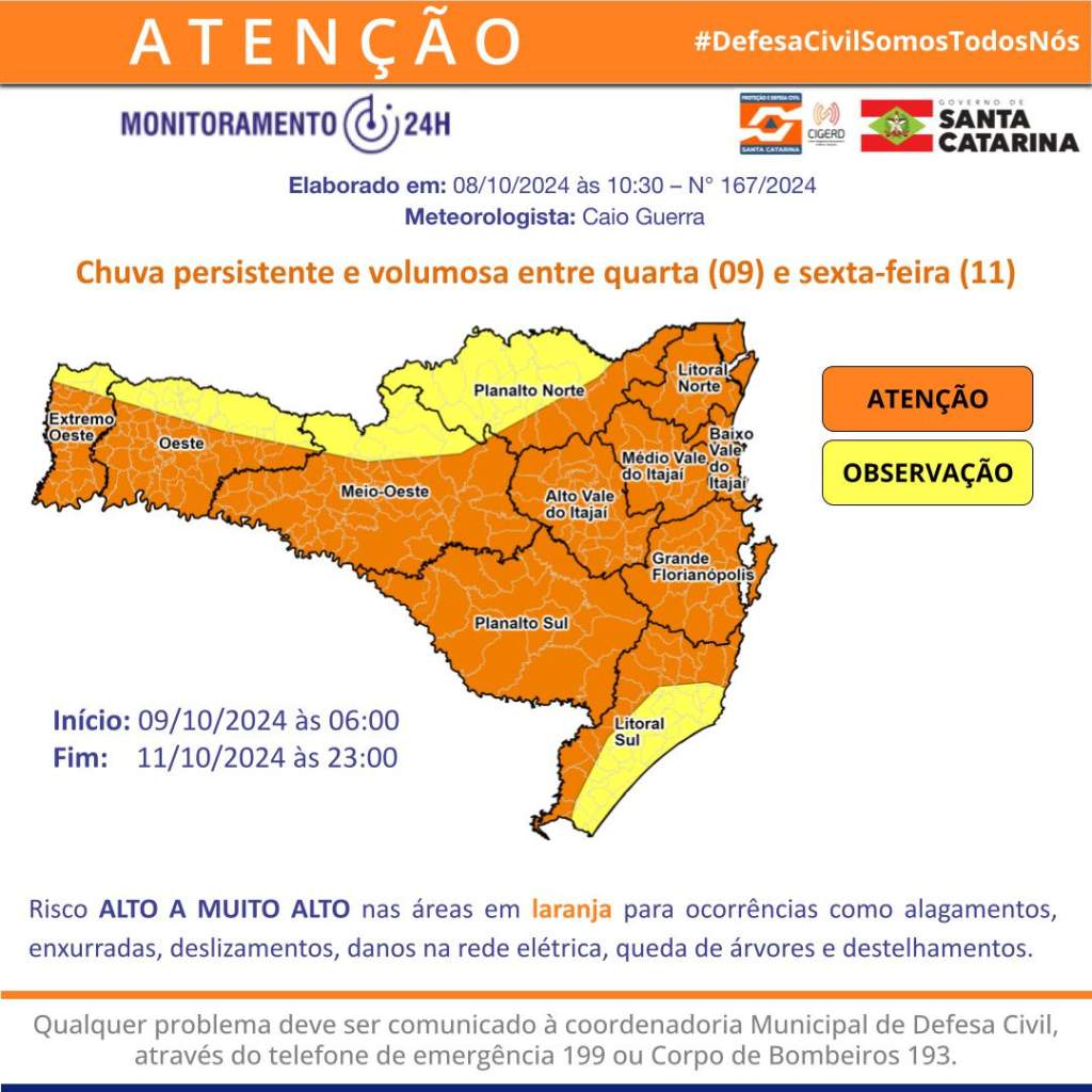 Atenção Meteorológica SDC/SC 08/10 10:30 – Chuva persistente e volumosa entre quarta (09) e sexta-feira (11)