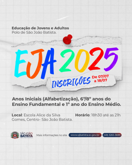 Centro de Educação de Jovens e Adultos de São João Batista abre novo período de matrículas a partir desta segunda-feira (07/07)