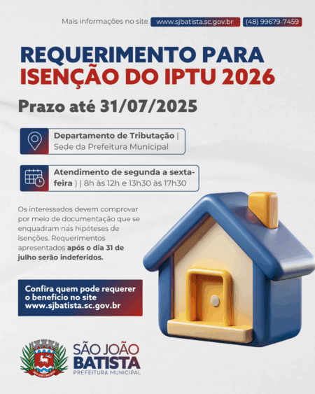 Requerimento para isenção do pagamento do IPTU 2026 pode ser apresentado até o final deste mês
