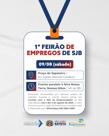 Empresas interessadas em participar do 1º Feirão de Empregos de SJB devem se inscrever até o dia 4 de agosto