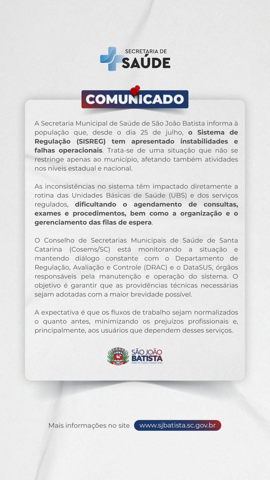 Comunicado – Instabilidades e falhas operacionais no SISREG