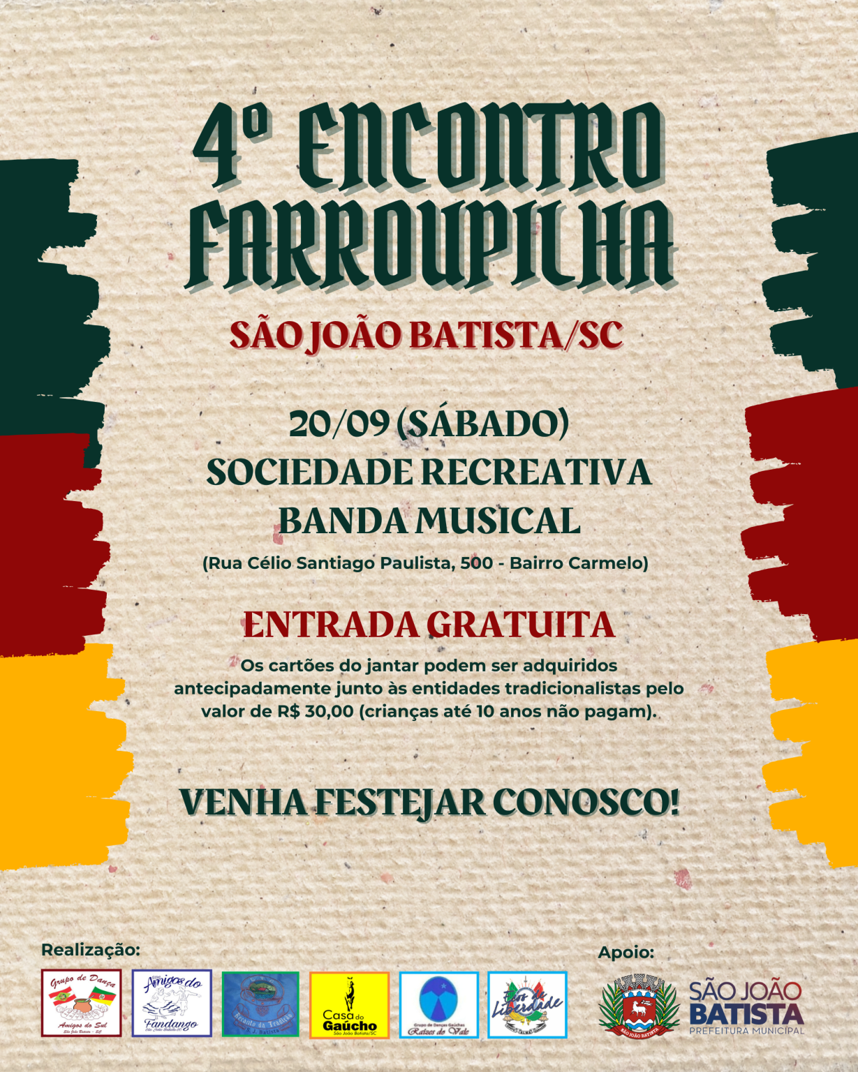 Entidades tradicionalistas promovem 4º Encontro Farroupilha de São João Batista no dia 20 de setembro