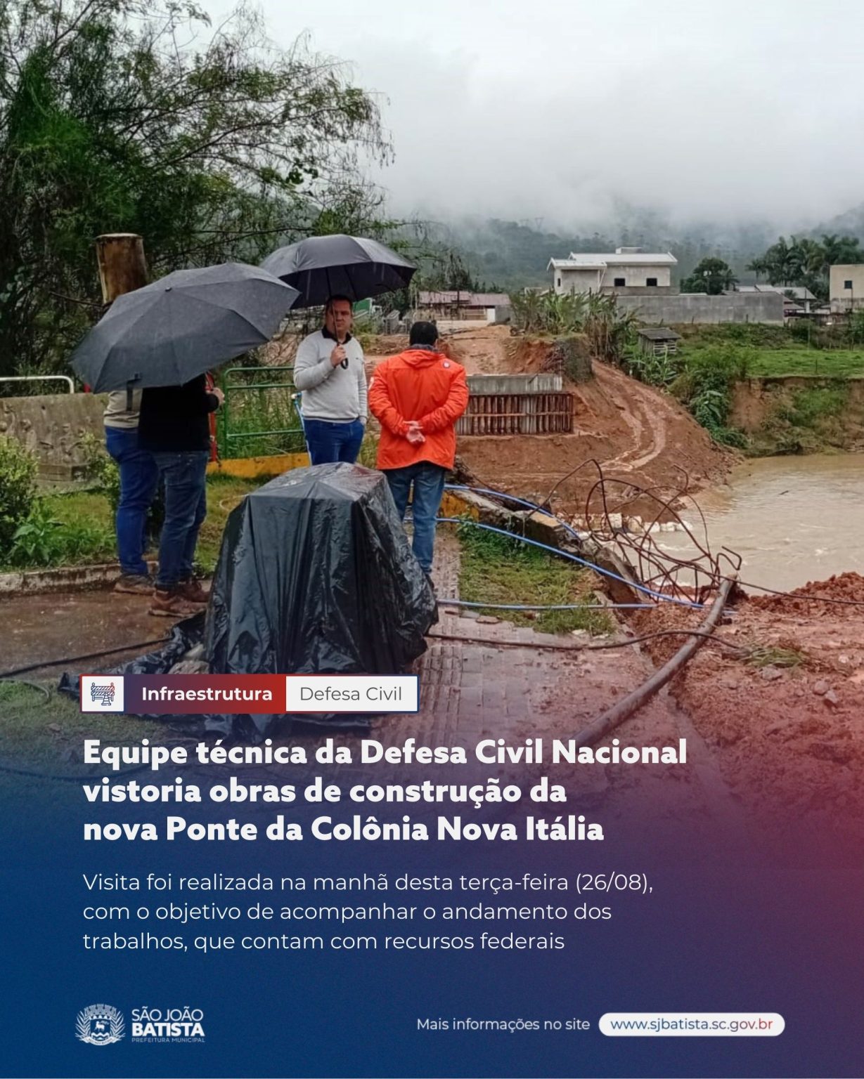 Equipe técnica da Defesa Civil Nacional vistoria obras de construção da nova Ponte da Colônia Nova Itália