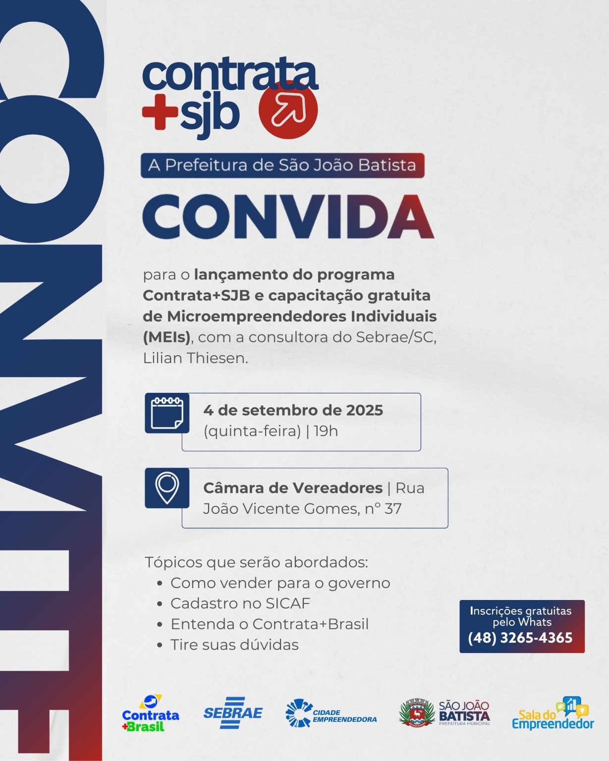 Prefeitura de São João Batista lança Contrata+SJB e promove capacitação gratuita para MEIs no dia 4 de setembro