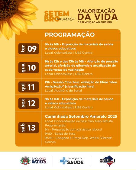 Setembro Amarelo: campanha de conscientização será realizada nesta semana em São João Batista