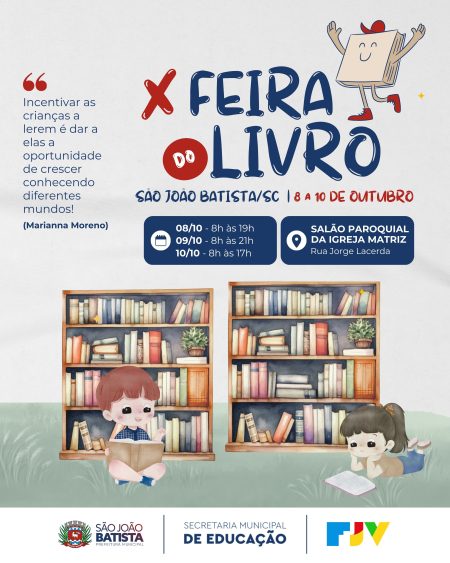 10ª Feira do Livro de São João Batista será realizada de 8 a 10 de outubro