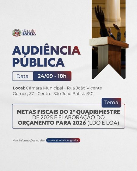 Prefeitura de São João Batista promoverá audiência pública no dia 24 de setembro
