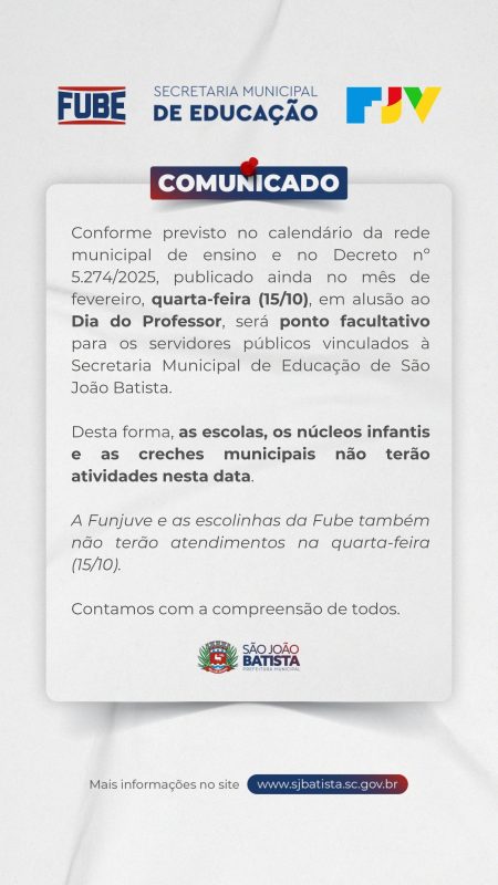 Dia do Professor: rede municipal de ensino realizará ponto facultativo nesta quarta-feira (15)