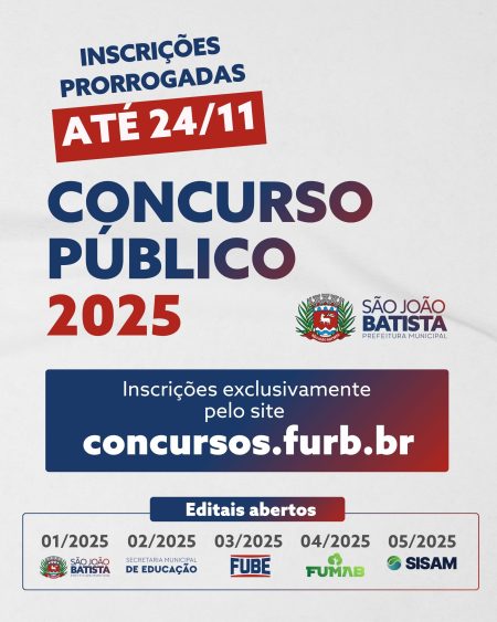 Inscrições para o Concurso Público da Prefeitura de São João Batista são prorrogadas até 24 de novembroInscrições para o Concurso Público da Prefeitura de São João Batista são prorrogadas até 24 de novembro