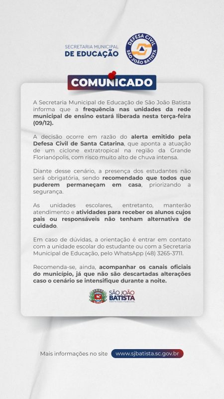 Devido a alerta meteorológico, frequência escolar na rede municipal de São João Batista estará liberada nesta terça-feira (09/12)