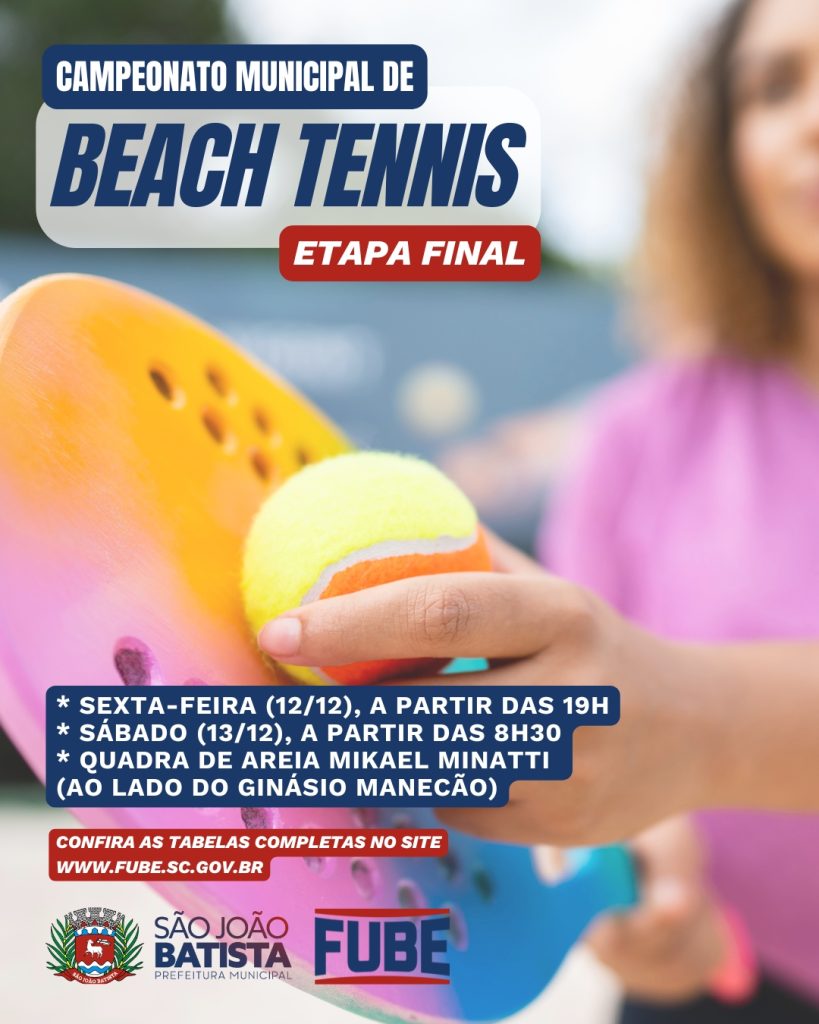 Etapa final do Campeonato Municipal de Beach Tennis de São João Batista acontece nesta sexta-feira (12/12) e sábado (13/12)