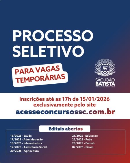 Prefeitura de São João Batista lança processos seletivos para preenchimento de vagas temporárias e de bolsista em diversas áreas