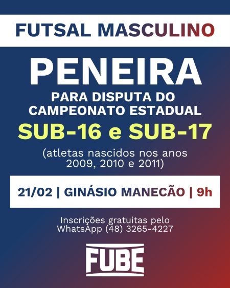 Fube promove peneira de Futsal Masculino para categorias sub-16 e sub-17 no sábado (21/02)