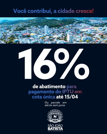 Prazo para pagamento do IPTU 2026 em cota única termina em 15 de abril