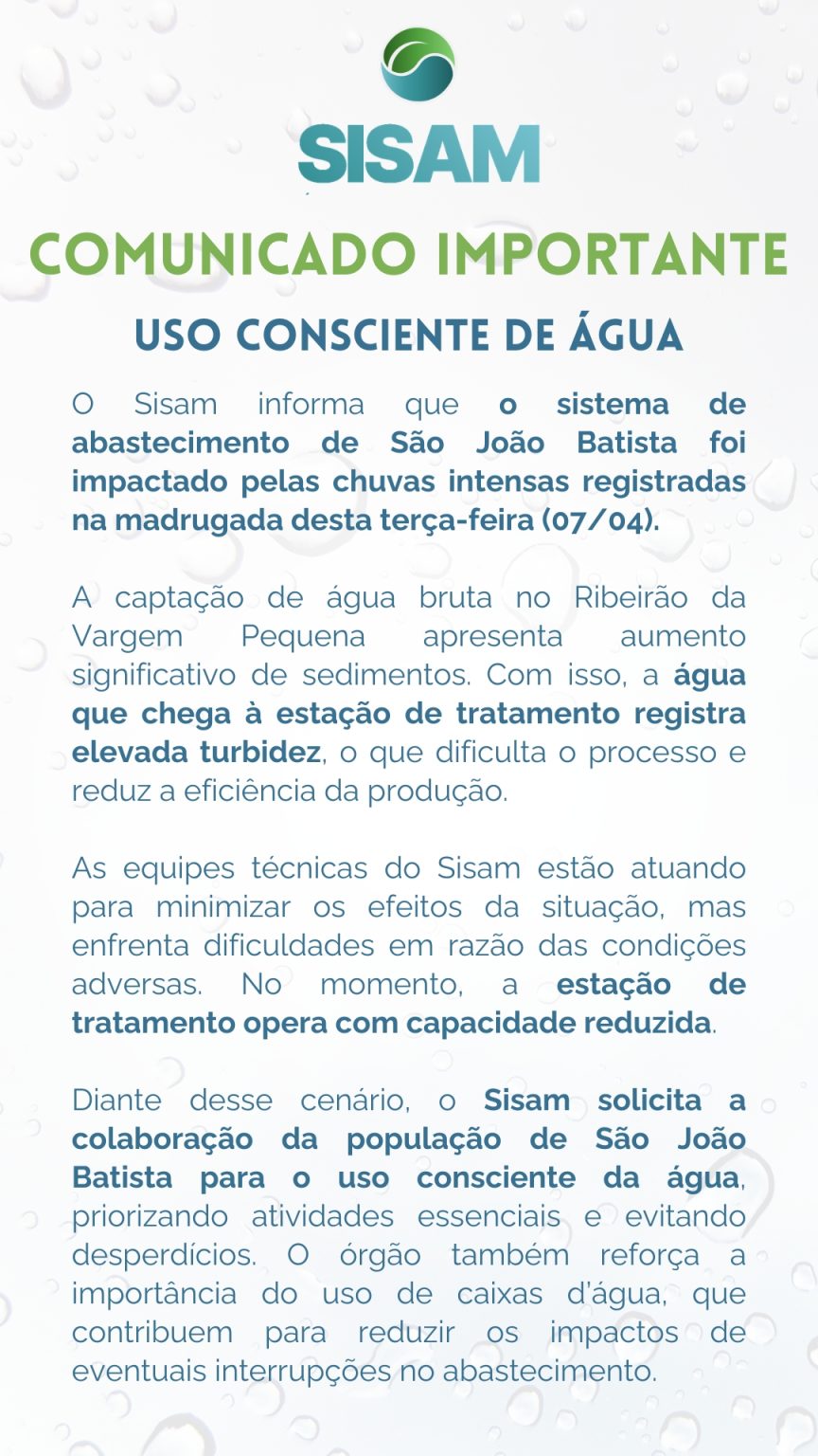 Chuvas intensas afetam abastecimento de água em São João Batista e exigem uso consciente