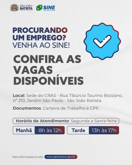 Sine de São João Batista atualiza vagas de emprego em aberto