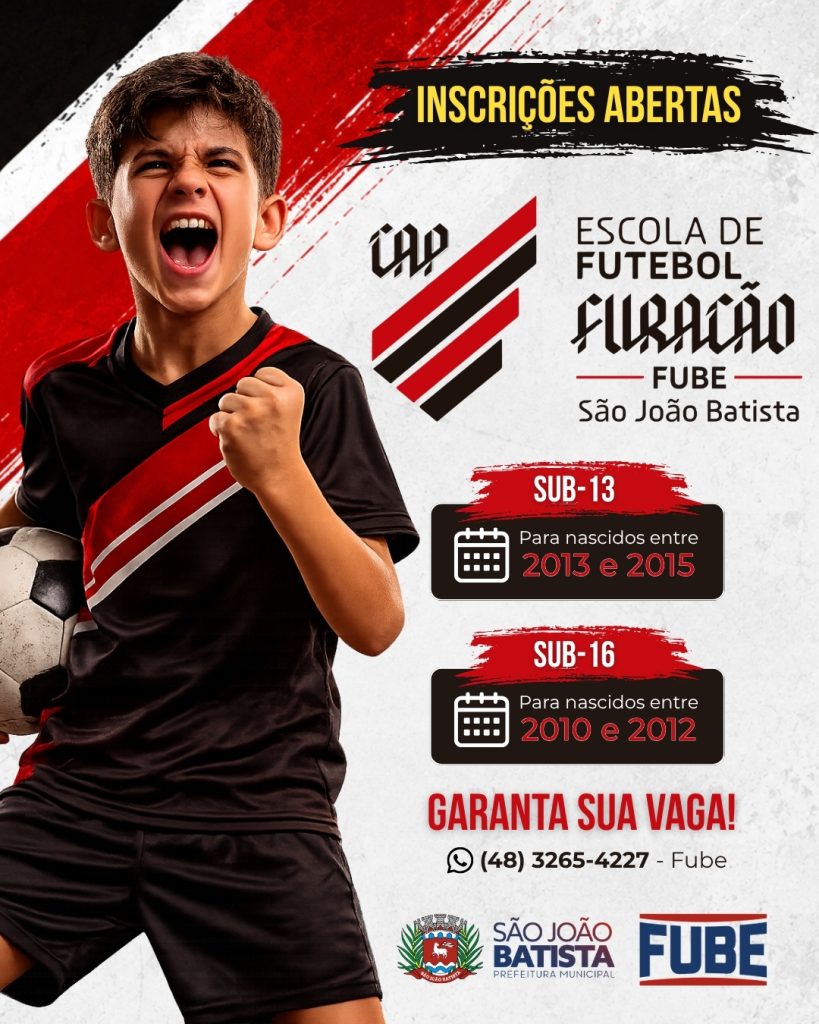 Escola de Futebol Furacão Fube abre inscrições para crianças e adolescentes de São João Batista e região