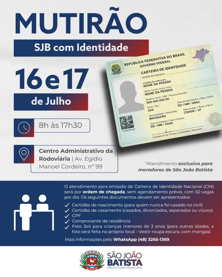São João Batista promoverá mutirão para emissão de carteiras de identidade nos dias 16 e 17 de julho