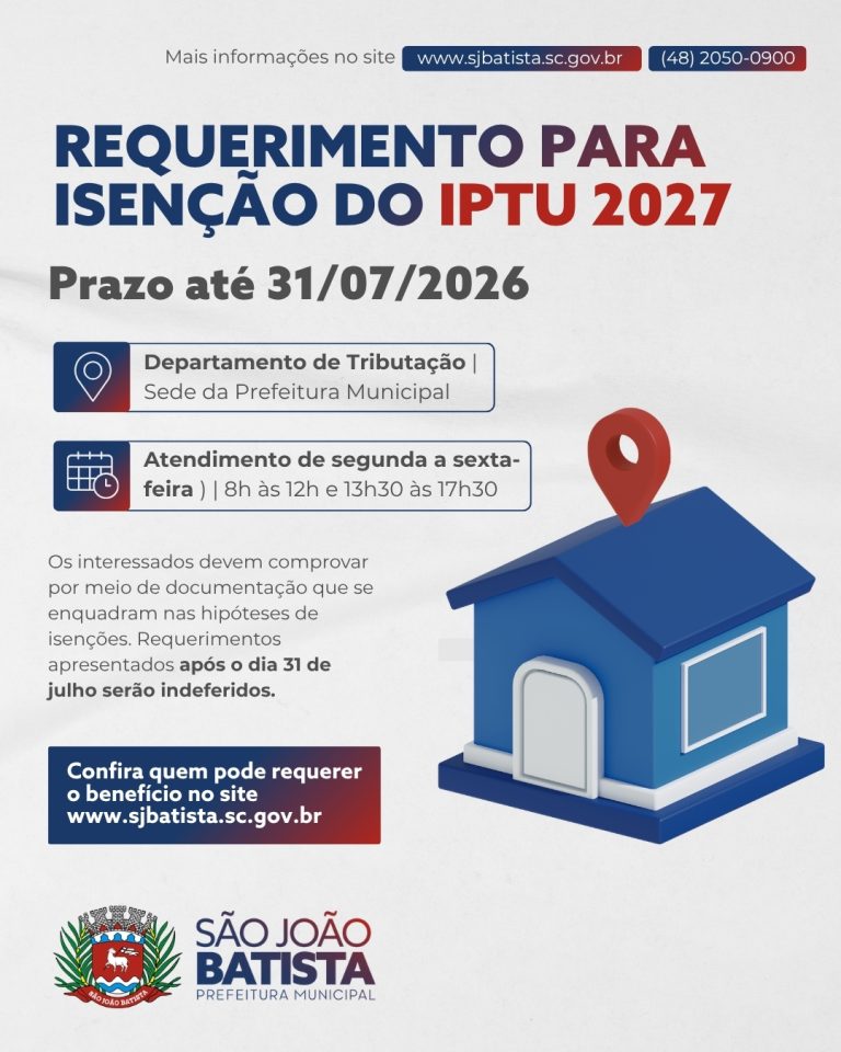 Requerimentos para isenção do pagamento do IPTU 2027 podem ser apresentados até o final deste mês